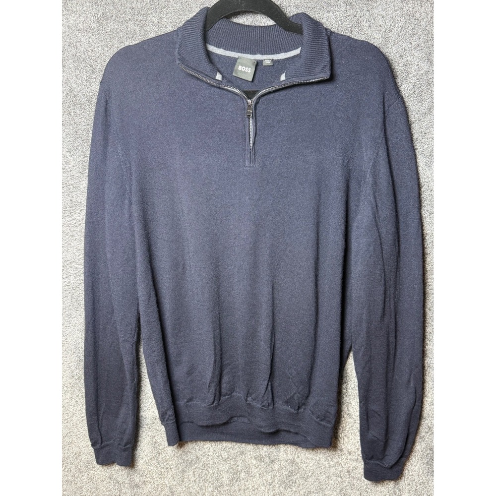 Hugo Boss Mens XL Navy Blue 100% Virgin Wool Quarter Zip Pullover Sweater